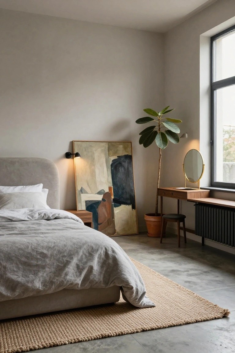 Corner of a minimalist bedroom with gray upholstered bed dressed in white linen sheets, large abstract painting on wood frame, tall potted plant with broad leaves, wooden vanity table with gold round mirror and stool, black wall lamp lit, large window, radiator, seagrass rug on concrete floor.