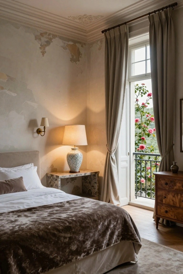 Bedroom with beige distressed plaster walls, upholstered bed with neutral pillows and throw, ceramic lamp on stone side table, open French doors to balcony with pink climbing roses, wooden dresser nearby.