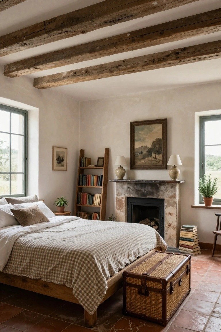 Bedroom with exposed dark wooden ceiling beams, white plaster walls, green-framed windows, ladder bookshelf, stone fireplace, wooden bed with beige checkered bedding, wicker trunk, plants, and paintings.