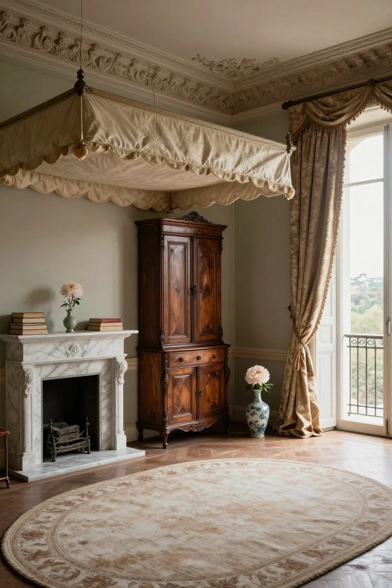 Elegant bedroom interior with a suspended beige fabric canopy bed, tall wooden armoire, marble fireplace with fireguard, potted peonies, stacked books, oval rug, and French doors with beige drapes opening to a garden view.