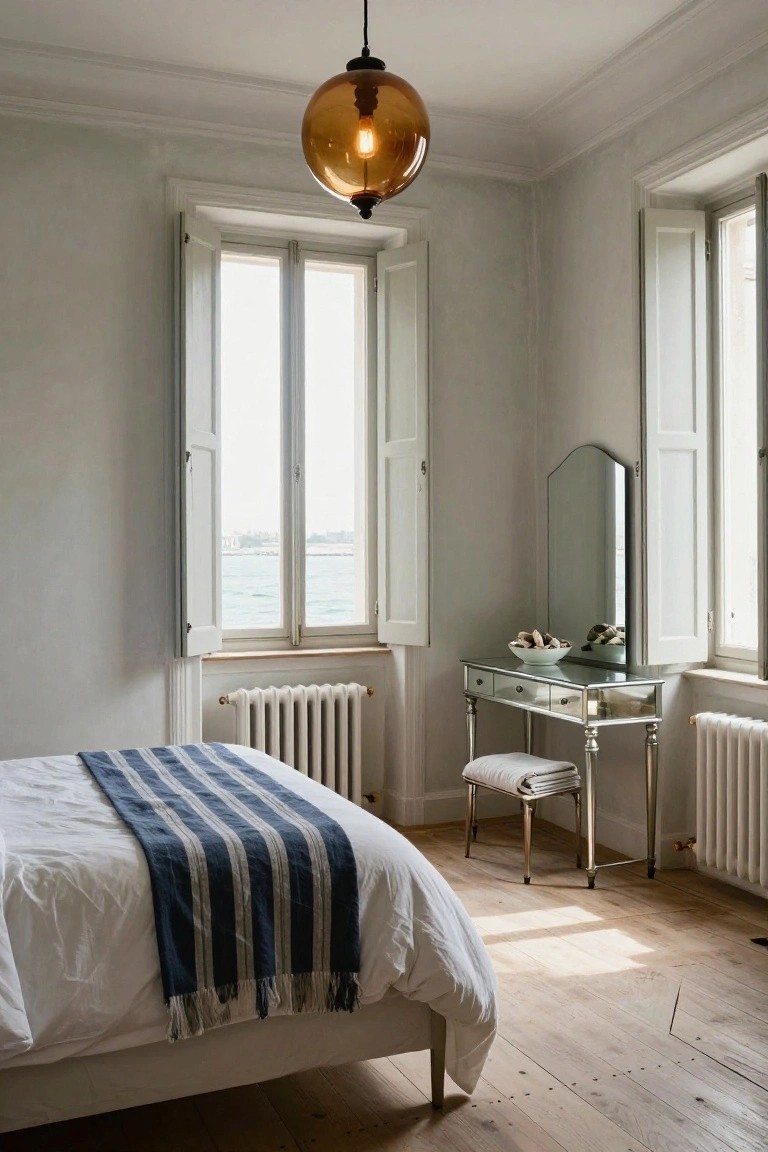 Light gray bedroom with white bed draped in blue and white striped throw, silver vanity table with arched mirror and seashells, white radiators, large open shuttered windows overlooking the sea, amber pendant light, and light wood floors.