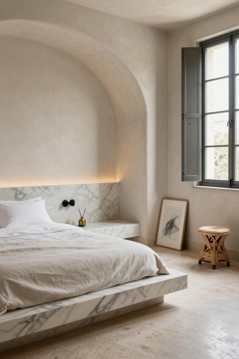 A minimalist bedroom with a low white marble platform bed against a curved beige plaster wall, integrated marble shelf with lamp and vase, rattan stool, framed line drawing, and open shutters on a large window.