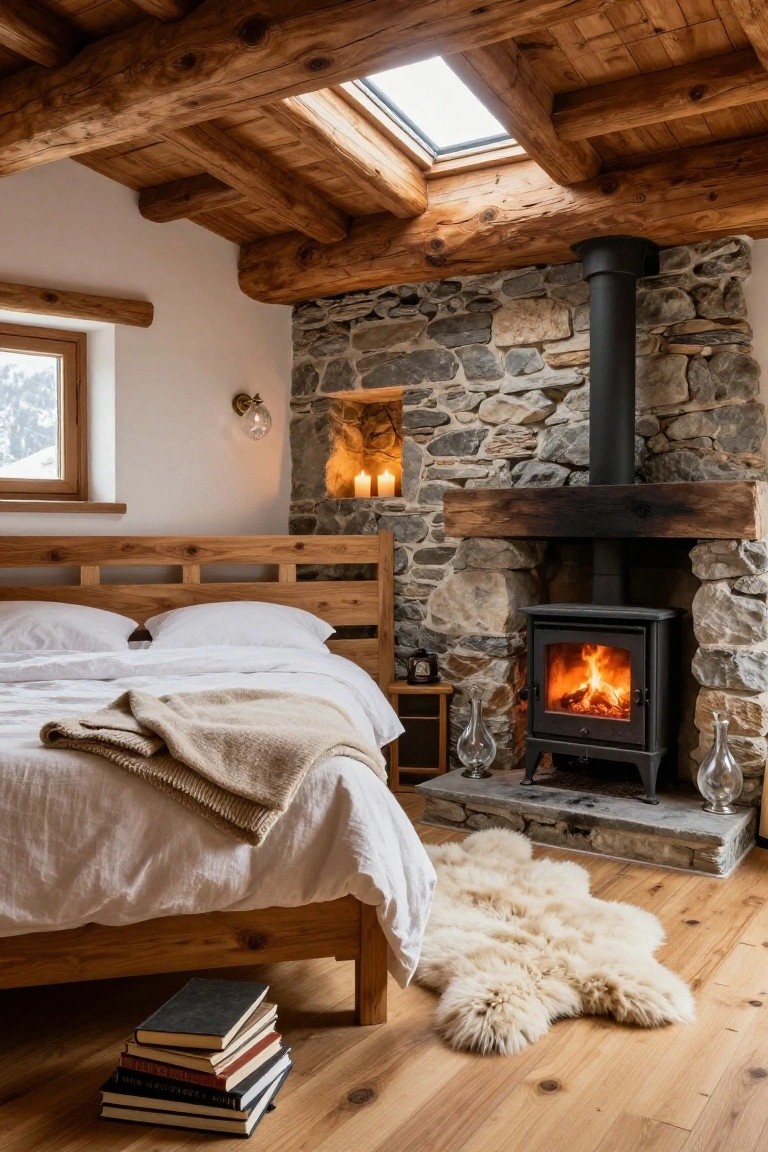 Rustic bedroom interior with wooden beam ceiling, king bed with white linens and beige throw, wood-burning stove in stone wall fireplace, sheepskin rug on wooden floor, and skylight above.