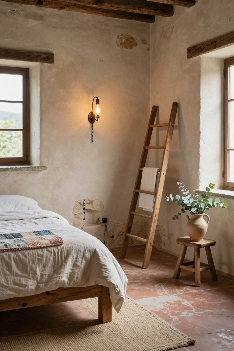 Bedroom with wooden bed frame and white linens, tall wooden ladder holding white towel and potted eucalyptus against beige plaster walls, small wooden stool, wall lamp, and window with hill view.