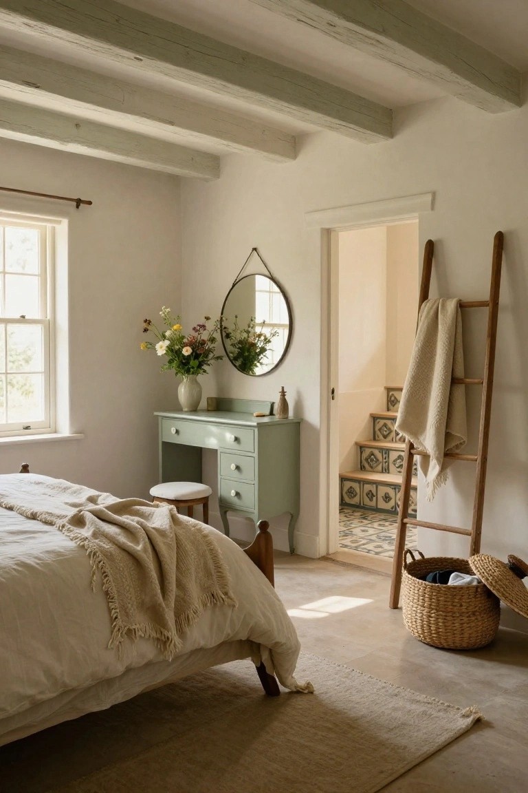 Bedroom interior with exposed green wooden ceiling beams, white walls, a sage green wooden vanity dresser with round mirror and stool, a white bed with neutral linens, wooden ladder towel rack, tiled stairs, and wicker basket on terracotta floor.
