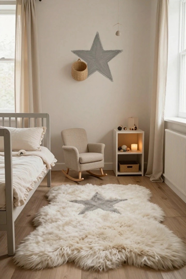 Neutral children's bedroom with light walls, wooden crib with white bedding, beige rocking chair, white cube shelf with toys, large white fluffy star-shaped rug on wood floor, and gray star decal on wall.