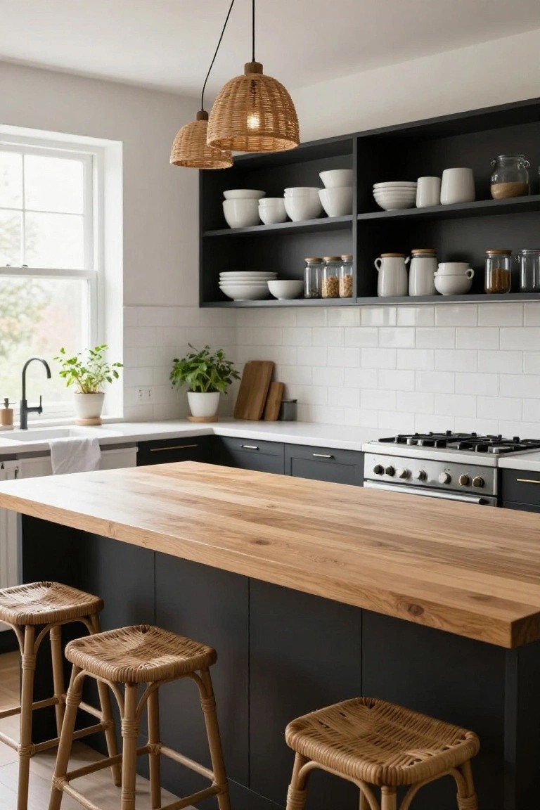 Modern kitchen with dark cabinets, wooden island, woven stools, and open shelving.