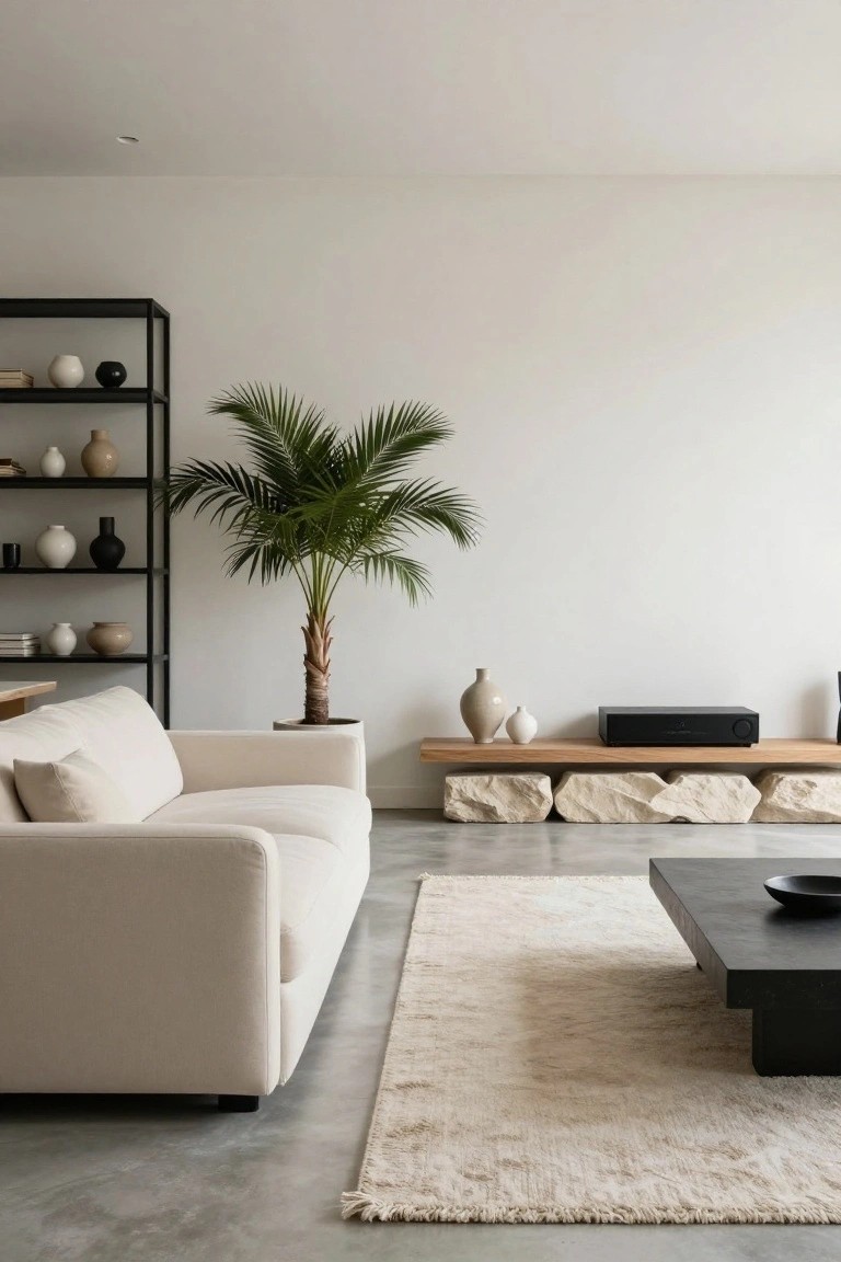 Minimalist living room with white walls, polished concrete floor, cream sofa, black metal shelves holding ceramic vases and books, tall potted palm tree, wooden bench on beige stone blocks, black rectangular coffee table on beige rug.