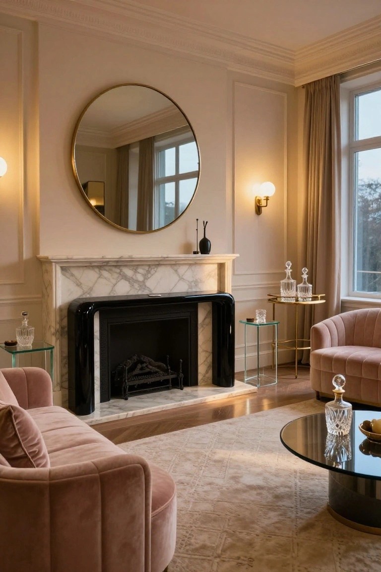 Living room with blush pink tufted sofas and ottoman, black curved fireplace on white marble mantel, large gold mirror, glass tables with decanters, and beige curtains by tall windows.