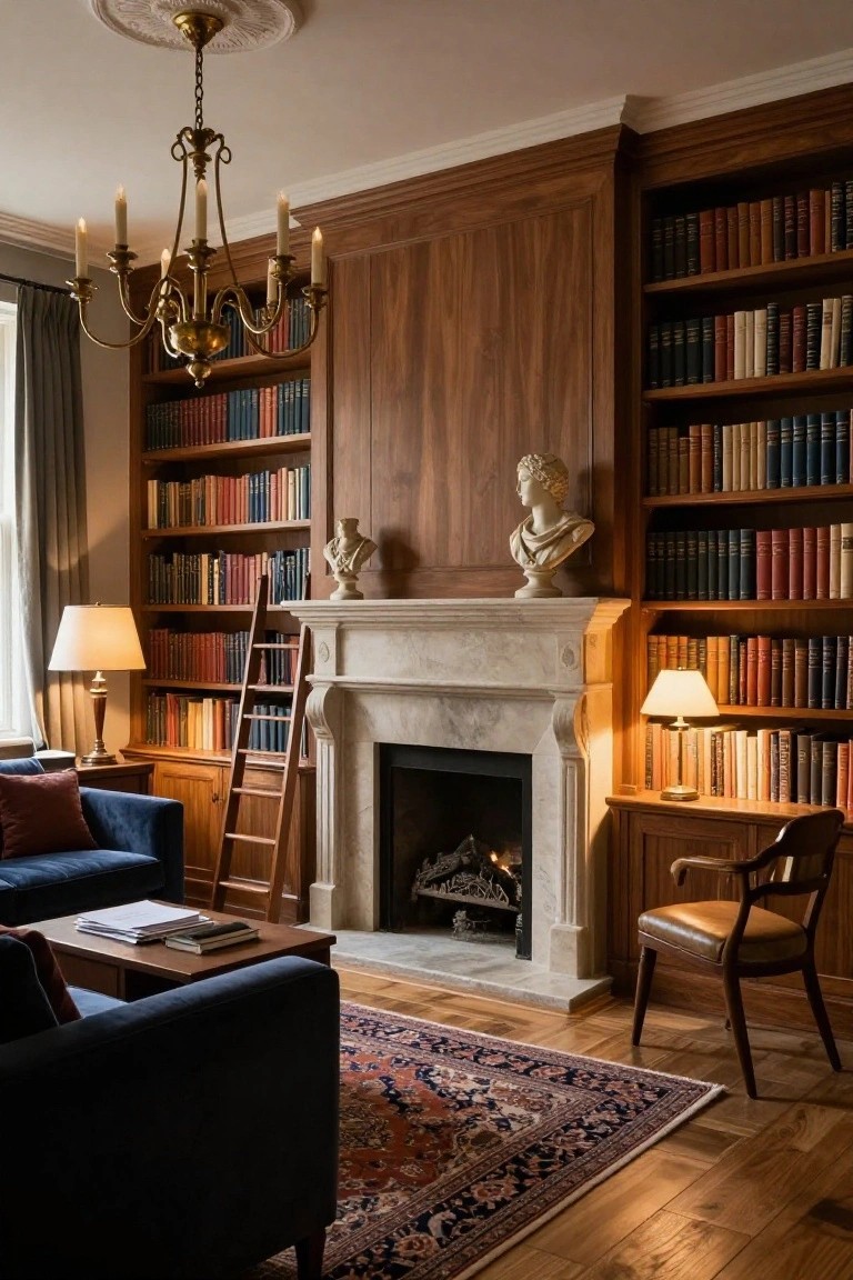 A traditional library room featuring dark wood-paneled walls with floor-to-ceiling bookshelves filled with books, a white marble fireplace with a lit fire, wooden library ladder, navy velvet sofa, low coffee table, brass chandelier with candles, two table lamps, a desk chair, and a patterned rug on oak floors.