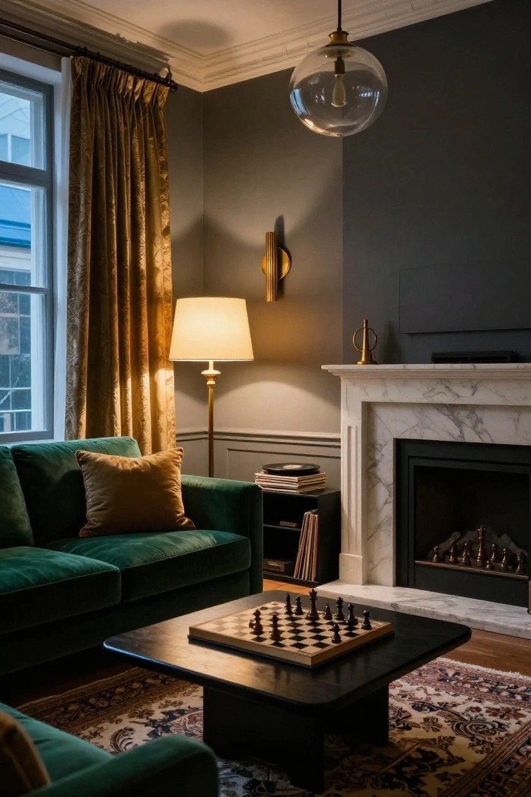 Living room corner with emerald green velvet sofa facing a low black coffee table set with a wooden chessboard and pieces, marble fireplace, floor lamp, wall sconce, gold curtain rod, and patterned rug.