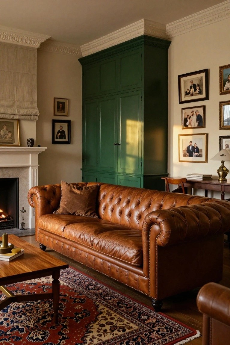 Living room interior with a tan tufted leather Chesterfield sofa facing a fireplace, green wooden armoire on one wall, wooden coffee table, Persian rug, and framed artwork.