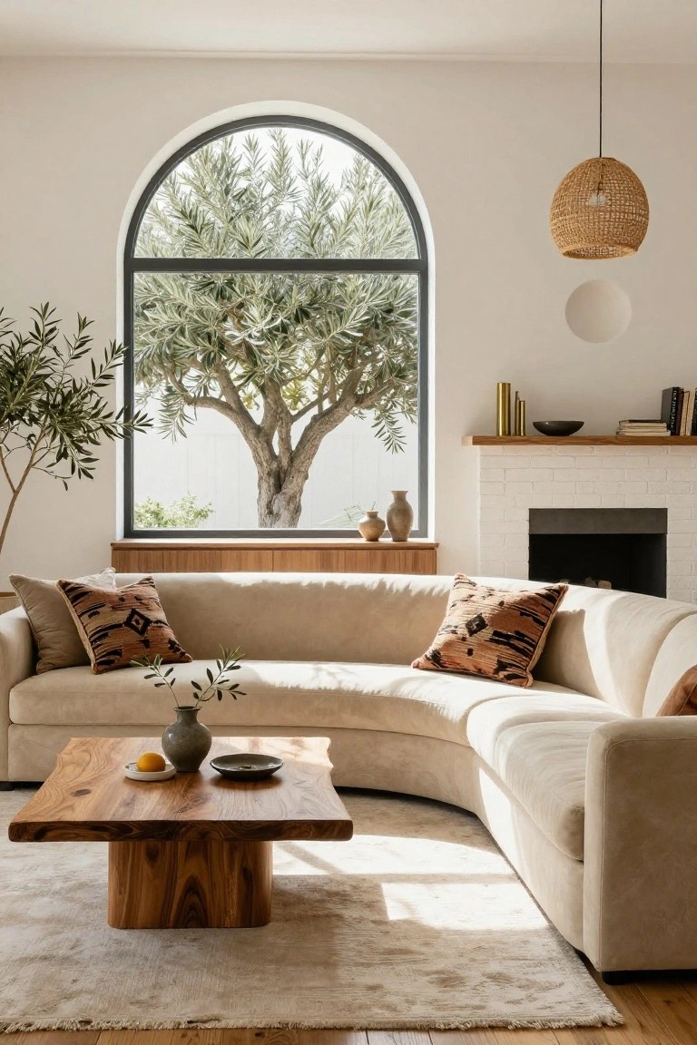 Beige curved sofa with patterned pillows in a light living room, facing a white brick fireplace and wooden coffee table with vase and orange slice, large arched window showing olive tree outside, rattan pendant light overhead.