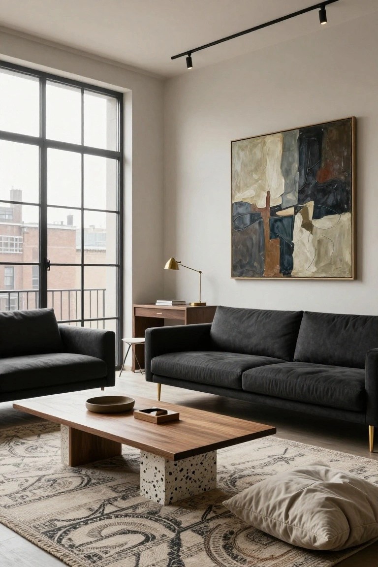 Modern living room with two dark gray sofas, low wooden coffee table on concrete legs, large beige and black patterned rug, abstract painting on wall, side table with lamp, and large industrial windows.