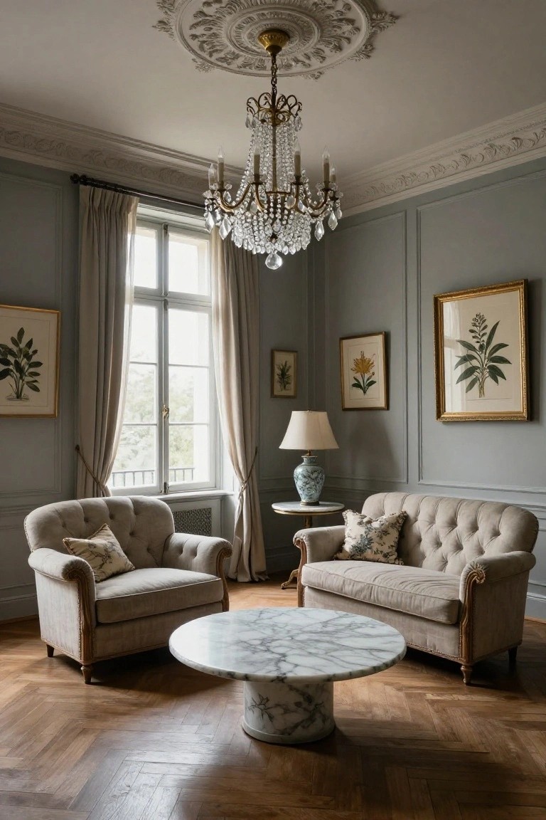 Light gray paneled living room with tufted beige armchairs and sofa arranged around a round white marble coffee table, crystal chandelier, botanical prints on walls, side table with lamp, and window with beige drapes.