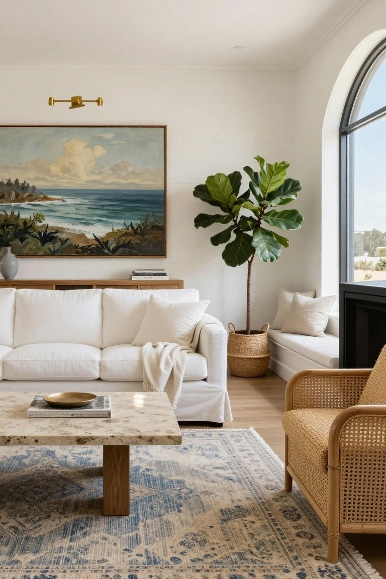 Bright living room corner featuring a white three-seat sofa with throw blanket, marble-top wooden coffee table, blue-patterned rug, tall potted fiddle leaf fig plant beside arched window, large framed seascape painting above wooden credenza, rattan armchair, and built-in window seat.