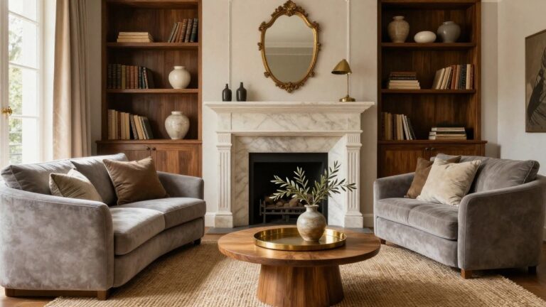 A living room interior with a white marble fireplace flanked by wooden built-in bookshelves stocked with books and vases, a curved gray upholstered armchair, round wooden coffee table on a seagrass rug, and sheer curtains at the window.