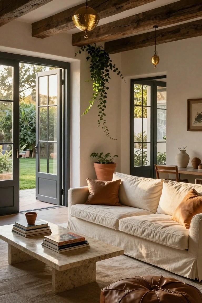 Living room with exposed dark wooden ceiling beams, white slipcovered sofa with orange and cream cushions, low travertine coffee table stacked with books, potted plants, and two sets of large open French doors revealing a green garden beyond.