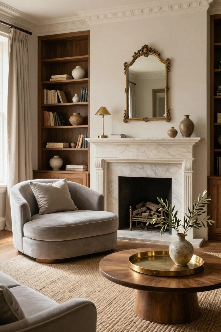 A living room interior with a white marble fireplace flanked by wooden built-in bookshelves stocked with books and vases, a curved gray upholstered armchair, round wooden coffee table on a seagrass rug, and sheer curtains at the window.