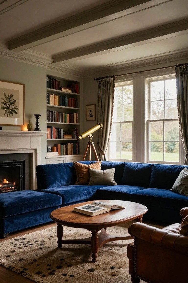 A living room with navy blue velvet L-shaped sofa, wooden coffee table holding an open book, brown leather armchair, marble fireplace with fire, built-in bookshelves, brass telescope on tripod, botanical artwork, and tall windows with gray drapes overlooking trees and lawn.