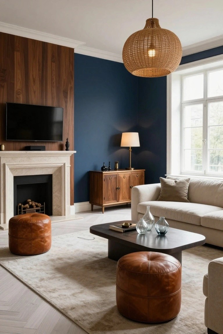 A living room with navy blue walls, wood-paneled accent wall behind a mounted TV and marble fireplace, beige sofa, two tan leather poufs, low wood coffee table, and rattan pendant light.
