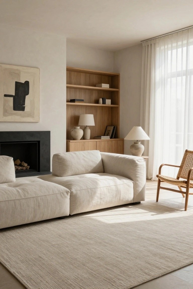 A light-filled living room featuring a large L-shaped beige fabric sofa near a black fireplace, flanked by oak bookshelves with lamps and ceramics, a rattan chair, abstract wall art, and sheer curtains over tall windows on a light rug.