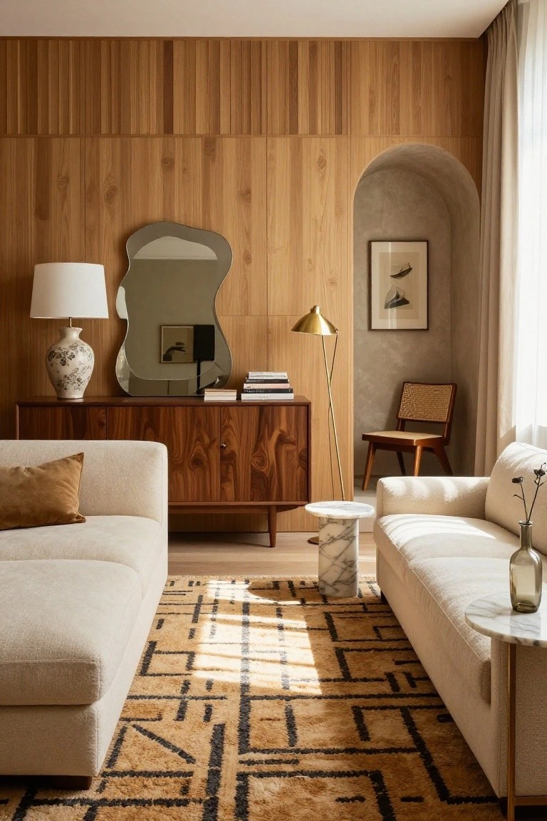 Modern living room with vertical light wood slat paneling on a tall wall, arched plaster niche with framed artwork, wooden credenza with lamp and vase, two cream sofas on a geometric tan rug, rattan chair, and marble side tables.