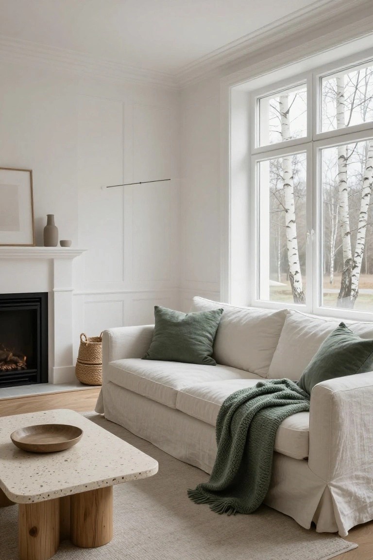 A minimalist white living room with a slipcovered sofa topped with green pillows and throw, a low coffee table on chunky wood legs, white fireplace, neutral decor, and large multipane windows overlooking birch trees in winter.