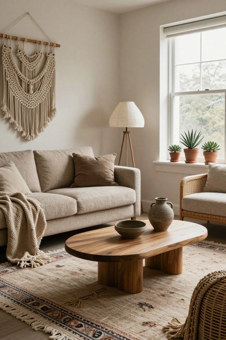 Beige sofa with pillows and throw on a light-colored living room featuring oval wooden coffee table with thick legs on a patterned rug, rattan armchair, macrame wall hanging, potted succulents on windowsill, tripod floor lamp, and large window.