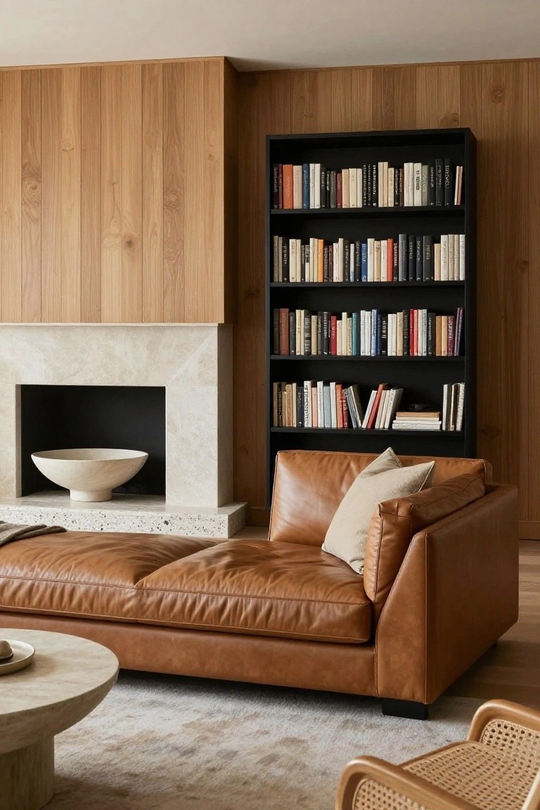 Light wood paneled walls in a living room with tall black bookshelves flanking a minimalist white stone fireplace containing a white bowl, tan leather L-shaped sofa, round stone coffee table, light rug, and rattan armchair.