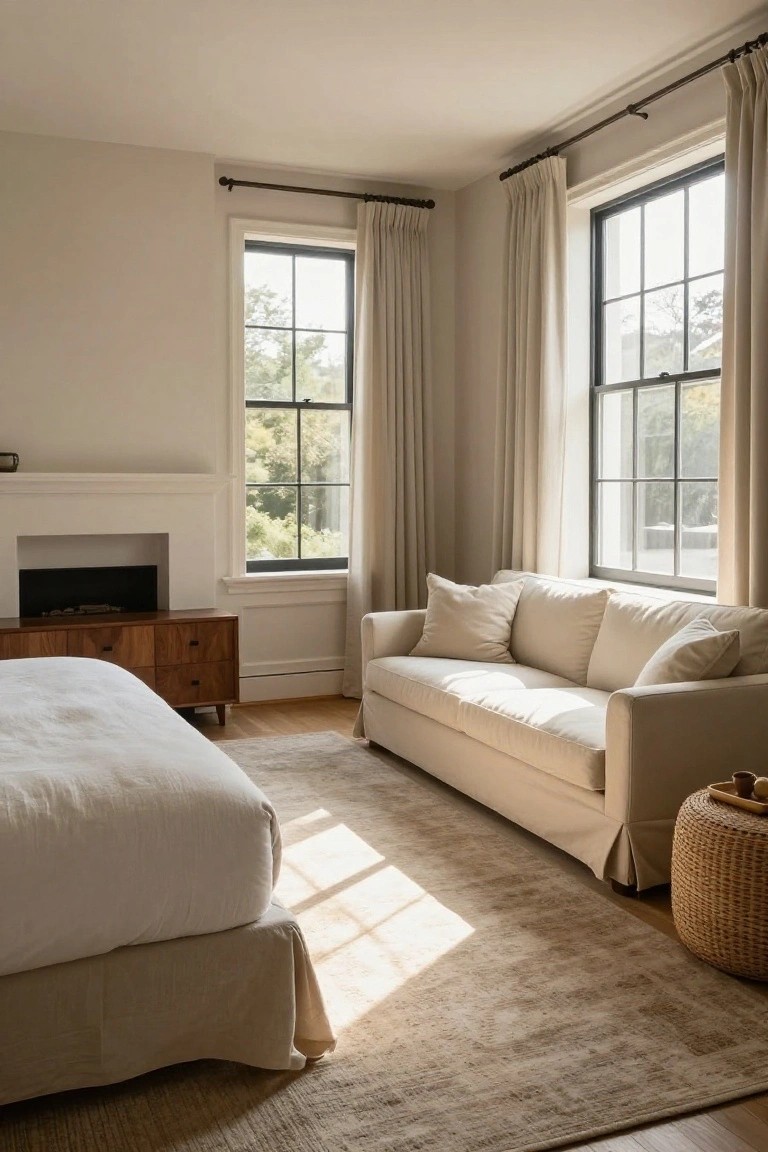 Corner of a bedroom with a low wood dresser beside a white fireplace, a white bed with linen bedding and dust ruffle, a cream slipcovered sofa with pillows, a woven stool, and two large black-framed windows draped in light beige curtains, sunlight streaming across a beige rug on hardwood floors.