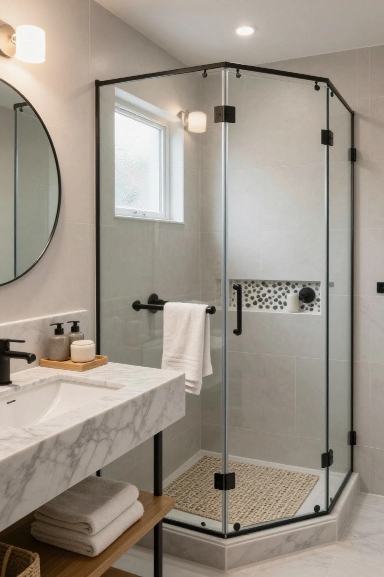 Corner glass shower with black metal frame in a neutral gray tiled bathroom, white marble vanity, round mirror, and wooden shelf.