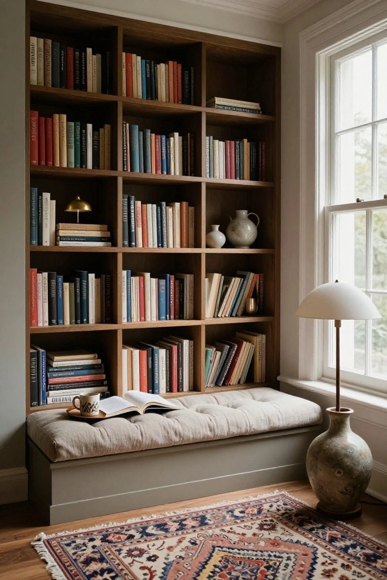 Tall corner wooden bookshelves filled with books surrounding a large window, with a built-in gray cushioned bench at the base holding an open book and teacup, a white floor lamp, ceramic vases, and a patterned rug on a wooden floor.
