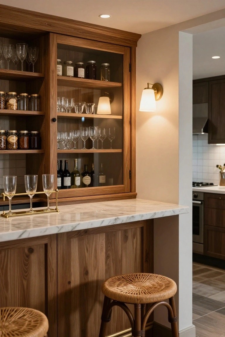 Wooden bar cabinetry with glass-fronted upper doors displaying glassware, jars, and wine bottles, white marble countertop with gold stemware rack holding three glasses, two rattan bar stools, brass wall sconce, and adjacent kitchen with white cabinets.