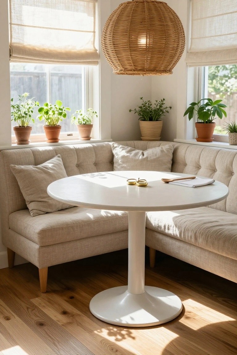 Beige tufted corner booth with white round pedestal table, wooden spoon, white napkin, and gold bangles on the table surface, plants on windowsills, rattan pendant light overhead, and sheer curtains in a sunlit room with hardwood floors.