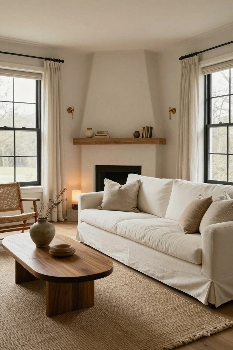 Corner of a living room with white slipcovered sofa, wooden oval coffee table, rattan armchair, neutral seagrass rug, fireplace with wooden shelf mantel, large black-framed windows with white curtains, and potted plants.