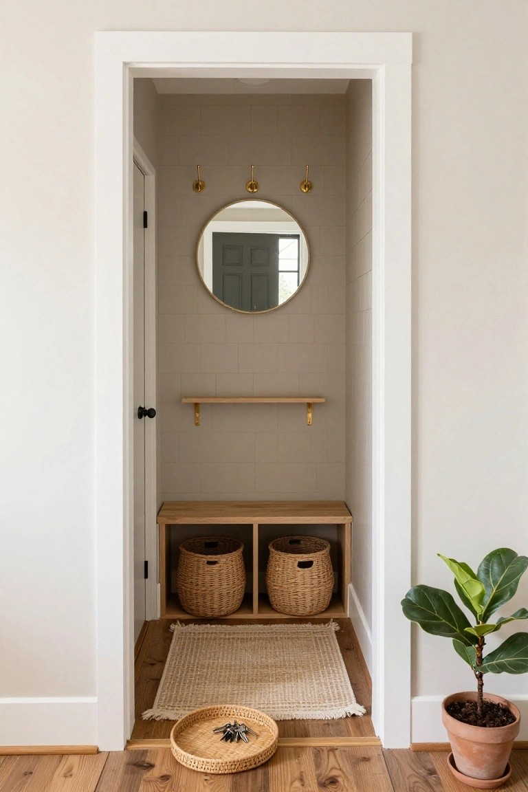 Open doorway view into a small beige-tiled room with gold hooks, round mirror, wooden shelf and bench with two seagrass baskets underneath, beige rug, woven tray with keys, and potted fiddle leaf fig plant on wood floor.