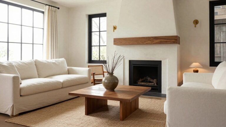 Corner of a living room with white slipcovered sofa, wooden oval coffee table, rattan armchair, neutral seagrass rug, fireplace with wooden shelf mantel, large black-framed windows with white curtains, and potted plants.
