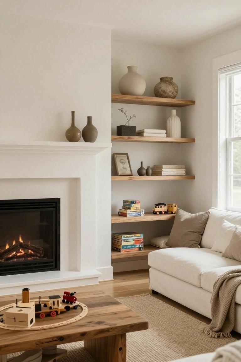 Living room corner with white gas fireplace, floating oak shelves displaying beige ceramic vases, books, small toys, and a branch, white sofa with throw, wooden coffee table holding wooden toy train set on a track, light wood floors, and natural light from window.