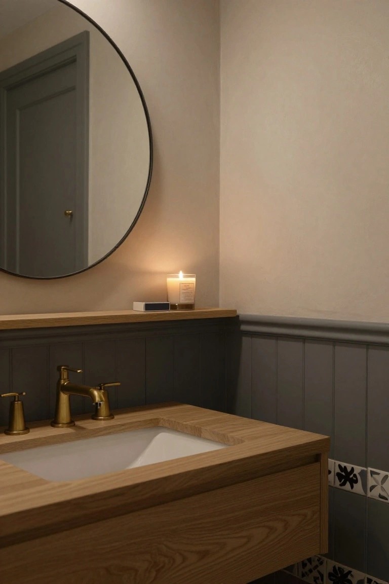 Bathroom corner with oak floating vanity holding white sink and gold faucet, gray wainscoting on walls with tile accents at base, wooden shelf holding lit candle above round black mirror, neutral walls and door.