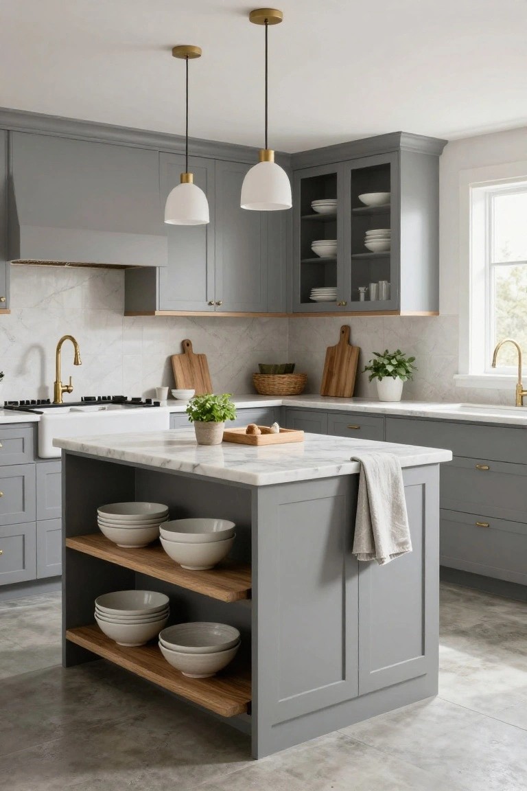 Gray shaker-style kitchen cabinets with white marble countertops and island featuring open lower wood shelves displaying stacked white bowls, brass faucets, and pendant lights over a cooktop area.