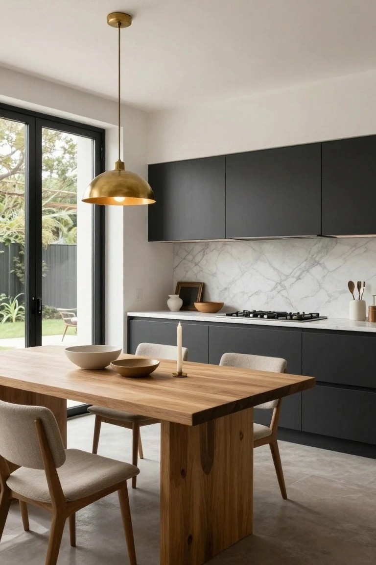 Modern kitchen interior with matte black lower cabinets, white veined marble backsplash, gas cooktop on white countertop, wooden dining table with beige upholstered chairs, gold pendant light, and glass doors opening to a garden.