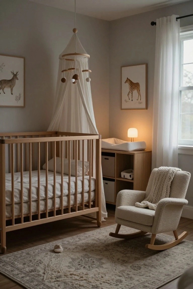 A nursery with light gray walls, wooden crib containing white sheets and pillow, wooden changing table, cream upholstered rocking chair with knit throw, hanging mobile above crib, and framed deer artwork.