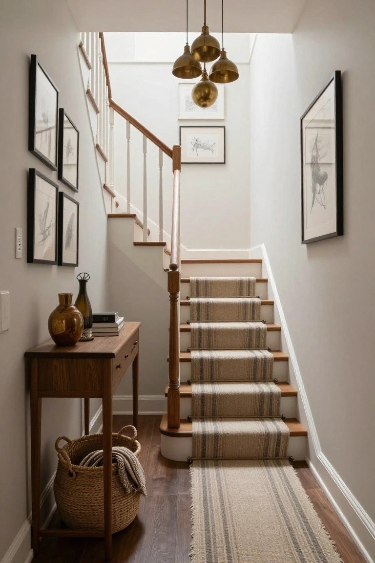 Stairwell with light wood treads and white risers covered by a beige and gray striped runner, slim wooden console table with pottery vases books and wicker basket at base, black-framed line drawings on pale walls, brass pendant lights overhead, hardwood floor with matching runner.