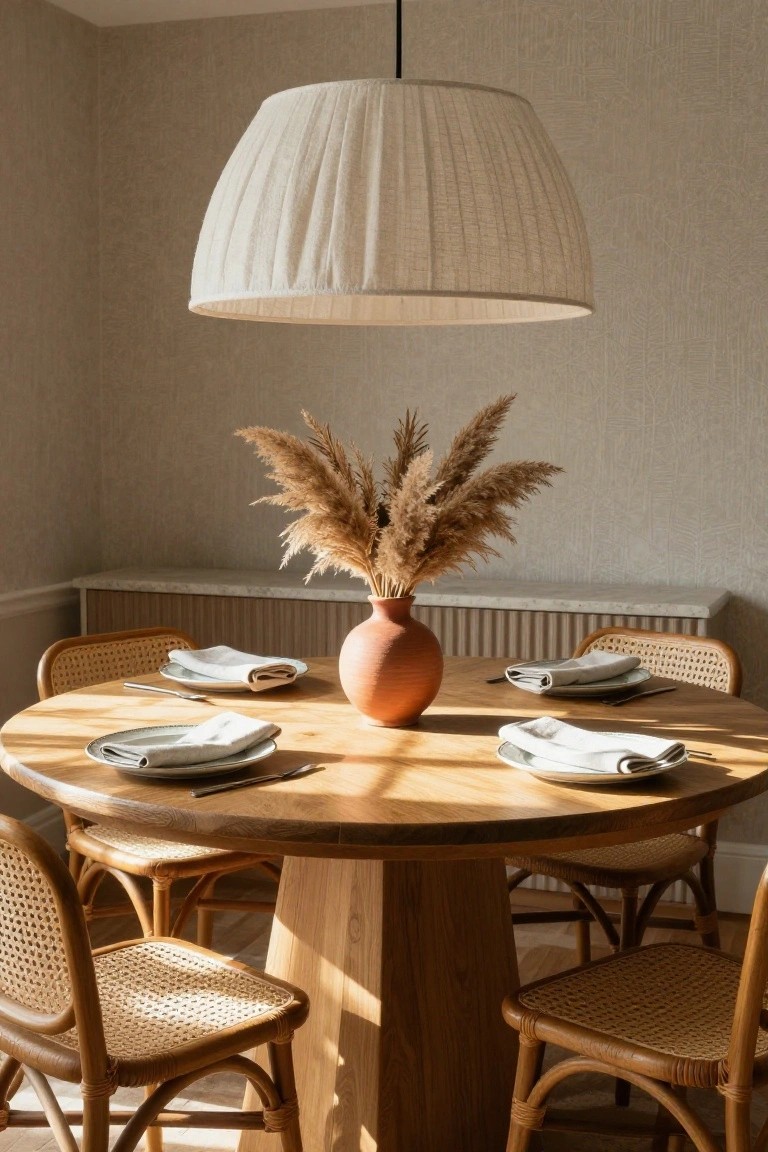 Sunlit dining room with round wooden table, four rattan chairs, four place settings with white plates and linen napkins, central terracotta vase holding pampas grass, large white fabric pendant light, and beige textured walls.