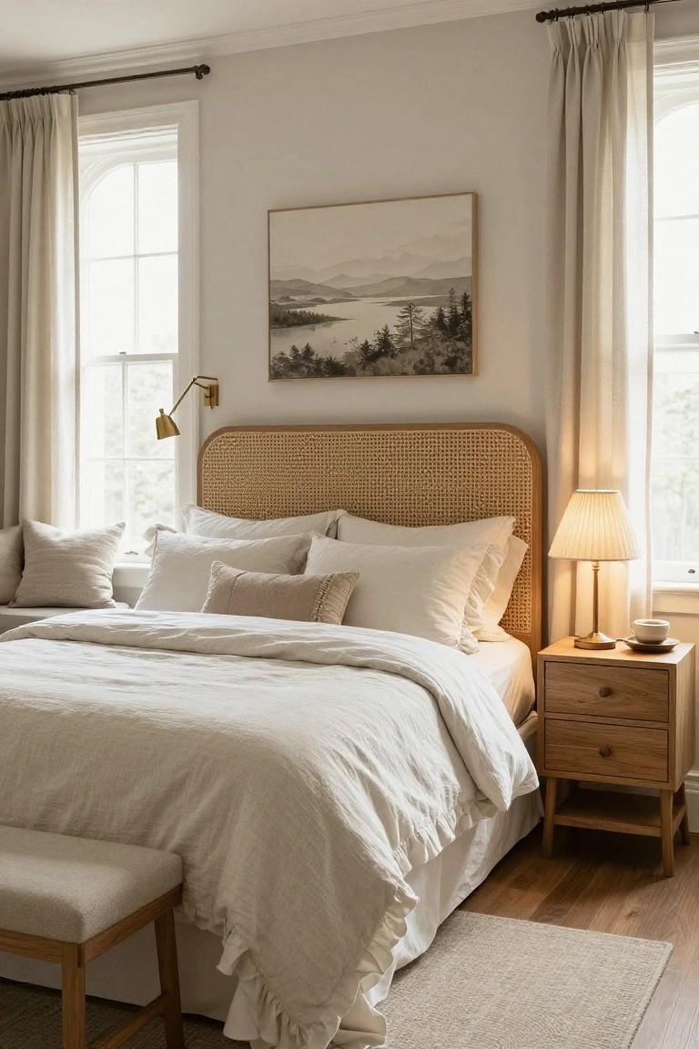 Bedroom with a light wood rattan headboard, white and beige linens on the bed, wooden nightstand holding a lamp and cup, sheer curtains on large windows, and a beige bench at the foot of the bed.