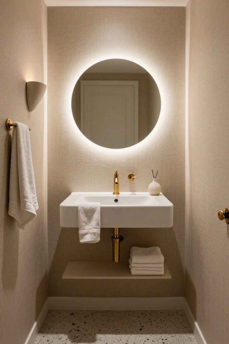 Small beige powder room with round backlit mirror above white floating sink, gold faucet and towel bar, textured walls, and terrazzo tile floor.