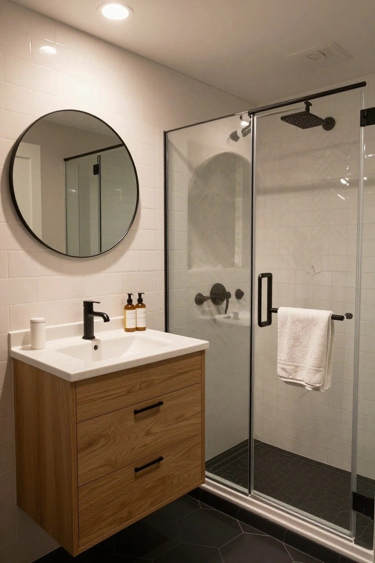 Modern bathroom featuring white subway tile walls, floating light wood vanity with black handles and faucet, round black-framed mirror, and frameless glass shower with black hex floor tiles.