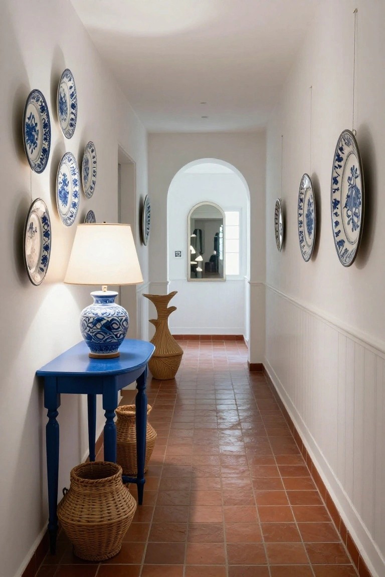 Long white hallway with wainscoting, multiple blue and white porcelain plates hung on walls, blue console table with ceramic lamp and wicker baskets beside terracotta tile floor and arched doorway.