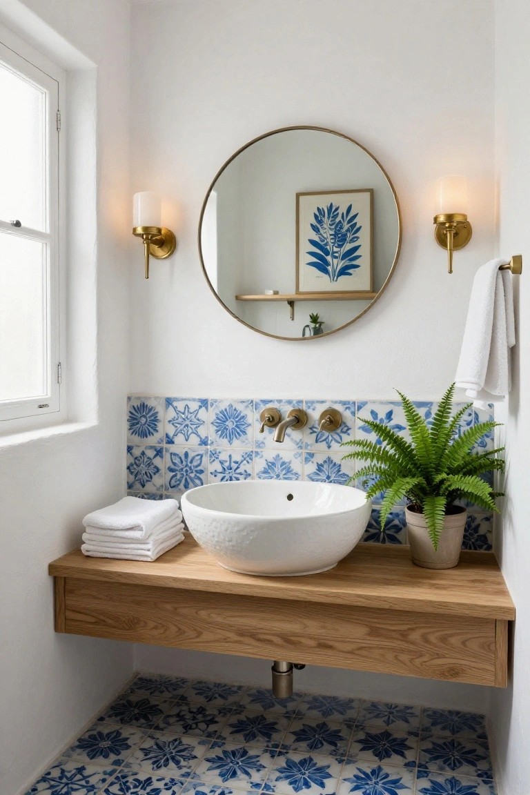 Compact powder room with white walls, blue and white floral patterned tiles on floor and backsplash, floating wooden vanity shelf supporting white vessel sink, round gold mirror, wall sconces, towels, and potted fern.